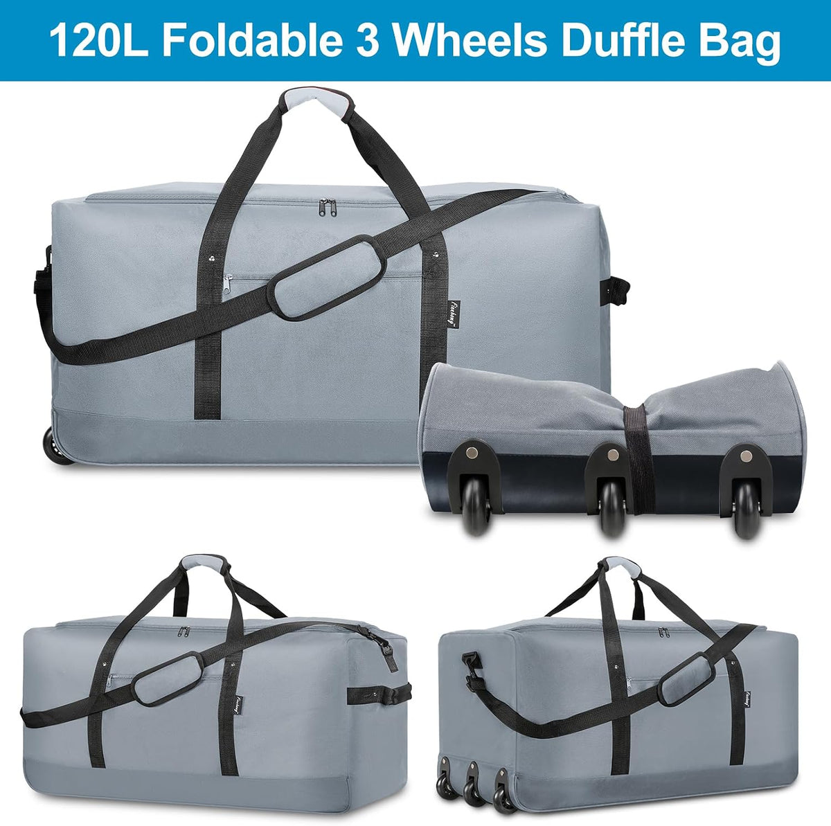 120L Foldable Rolling Duffel Bag with 3 Wheels, Light Weight Travel Duffel bag with Large Loading Capacity, 32'' Rolling Duffel bag with Shoulder Strap