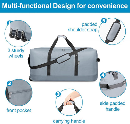 120L Foldable Rolling Duffel Bag with 3 Wheels, Light Weight Travel Duffel bag with Large Loading Capacity, 32'' Rolling Duffel bag with Shoulder Strap