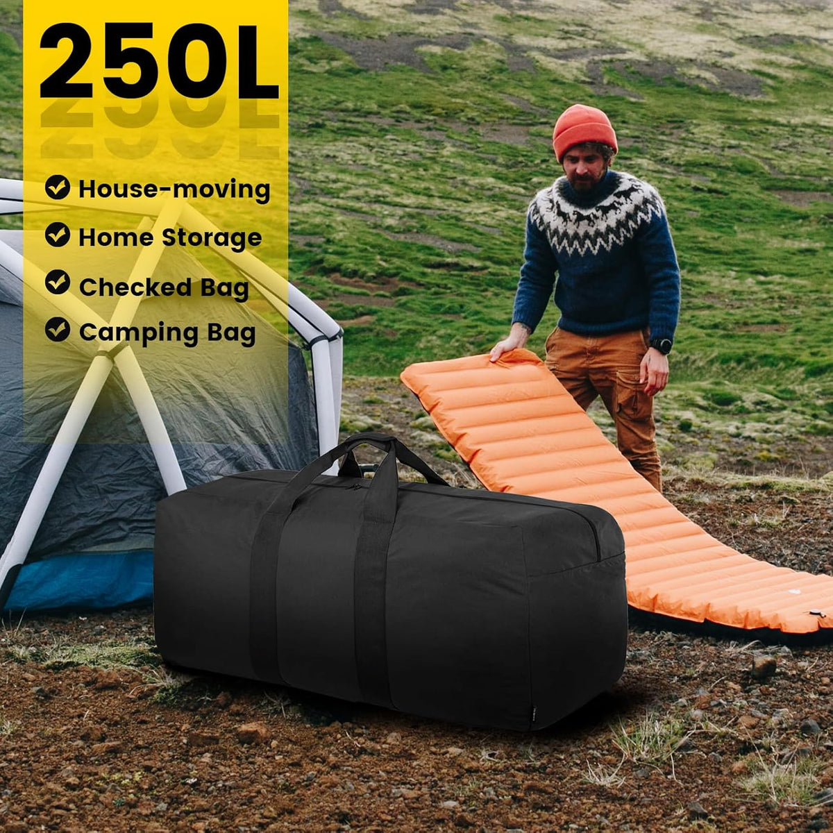 Extra Large Duffle Bag for Travel - 100L Duffel Bag for Men Gear Bag for Storage Foldable Weekender Bag for Overnight Camping - Black