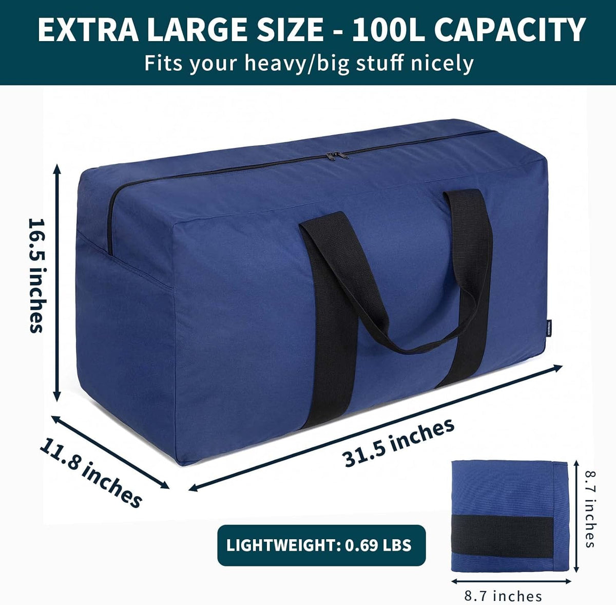 Extra Large Duffle Bag for Travel - 100L Duffel Bag for Men Gear Bag for Storage Foldable Weekender Bag for Overnight Camping - Black
