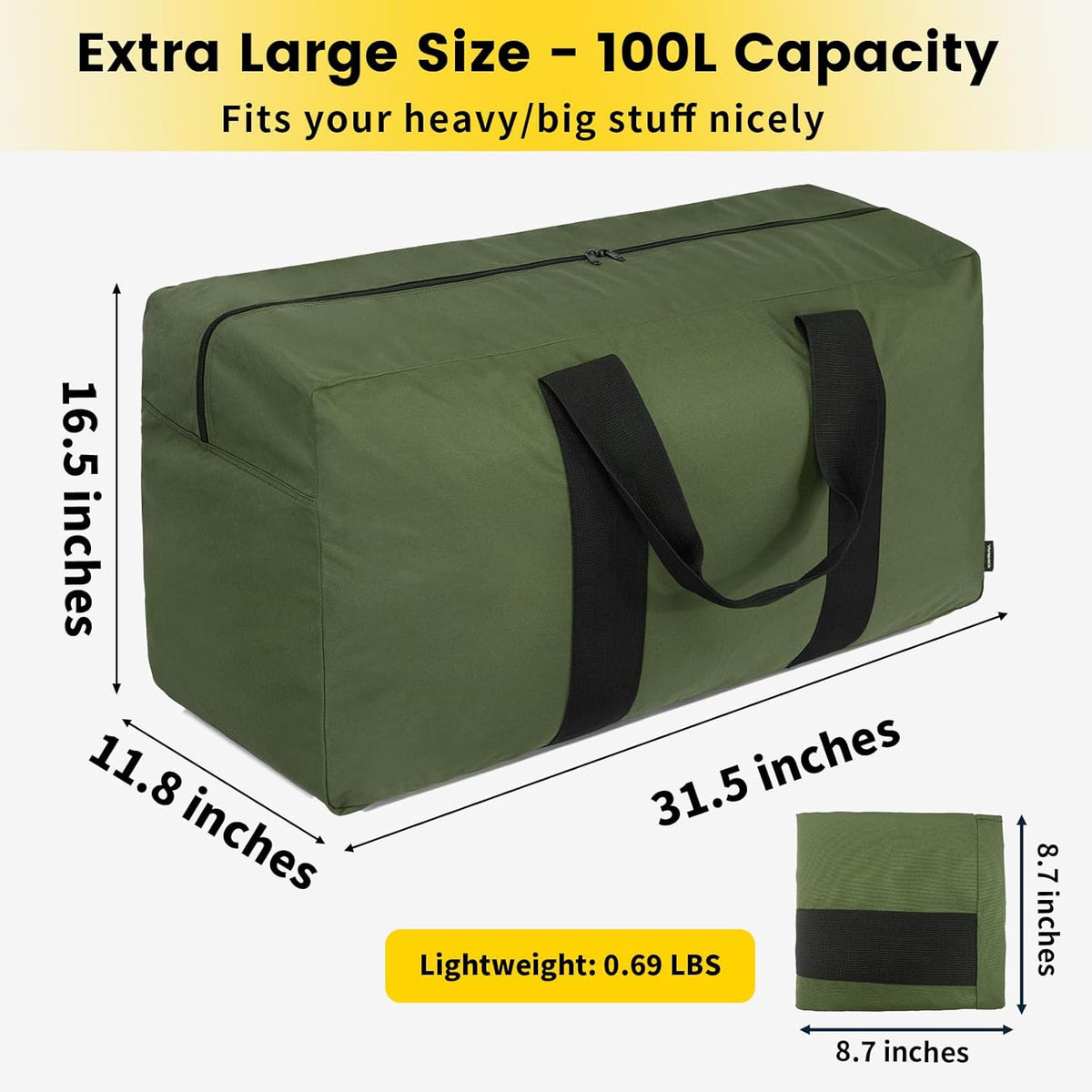 Extra Large Duffle Bag for Travel - 100L Duffel Bag for Men Gear Bag for Storage Foldable Weekender Bag for Overnight Camping - Black