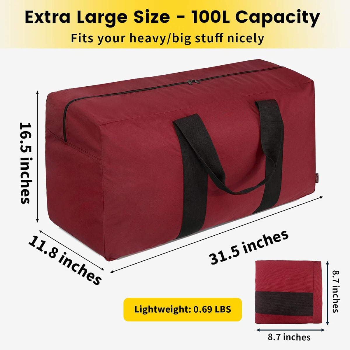 Extra Large Duffle Bag for Travel - 100L Duffel Bag for Men Gear Bag for Storage Foldable Weekender Bag for Overnight Camping - Black