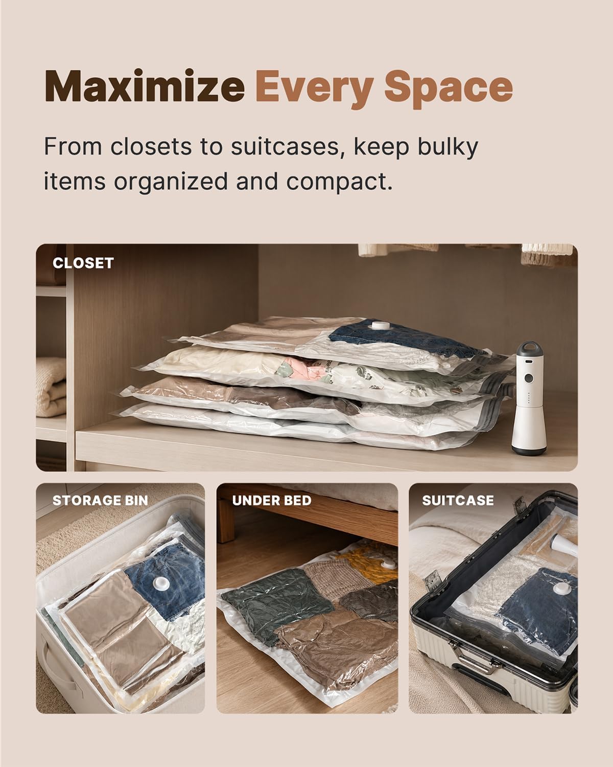 Vacuum Seal Bags for Clothing, 16 Pack Vacuum Storage Bags with Rechargeable Cordless Air Pump(4J+4L+4M+4S), Space Saver Bags for Clothes Blanket Duvets Pillows Comforters Travel