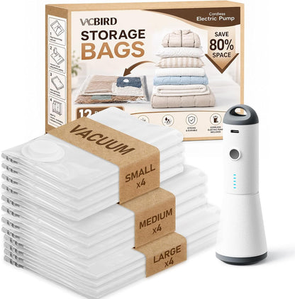 Vacuum Seal Bags for Clothing, 16 Pack Vacuum Storage Bags with Rechargeable Cordless Air Pump(4J+4L+4M+4S), Space Saver Bags for Clothes Blanket Duvets Pillows Comforters Travel