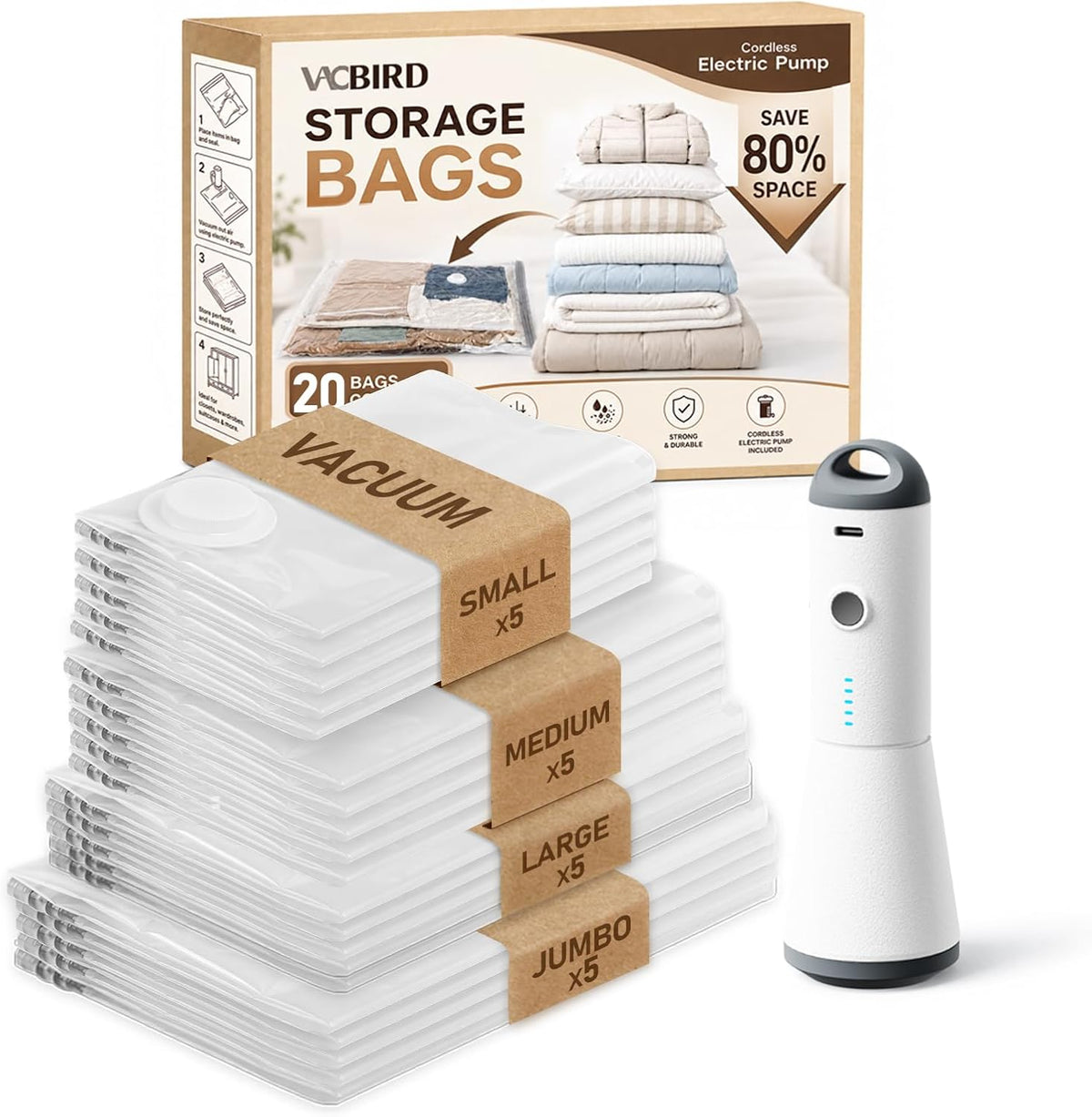 Vacuum Seal Bags for Clothing, 16 Pack Vacuum Storage Bags with Rechargeable Cordless Air Pump(4J+4L+4M+4S), Space Saver Bags for Clothes Blanket Duvets Pillows Comforters Travel