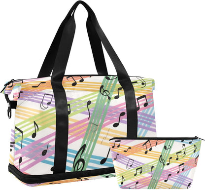 Colorful Cartoon Sheet Music Carry On Personal Item Bag with Wet Pocket Adjustable Strap Gym Carry on Duffel Bags for Hiking 2 Pcs Set for men women