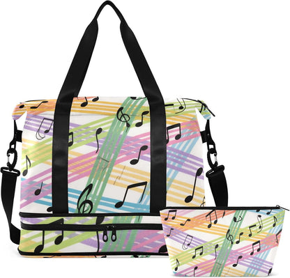 Colorful Cartoon Sheet Music Carry On Personal Item Bag with Wet Pocket Adjustable Strap Gym Carry on Duffel Bags for Hiking 2 Pcs Set for men women
