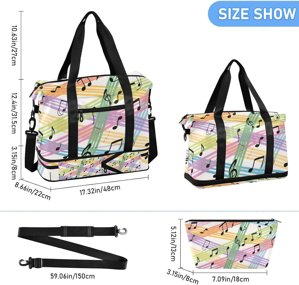 Colorful Cartoon Sheet Music Carry On Personal Item Bag with Wet Pocket Adjustable Strap Gym Carry on Duffel Bags for Hiking 2 Pcs Set for men women