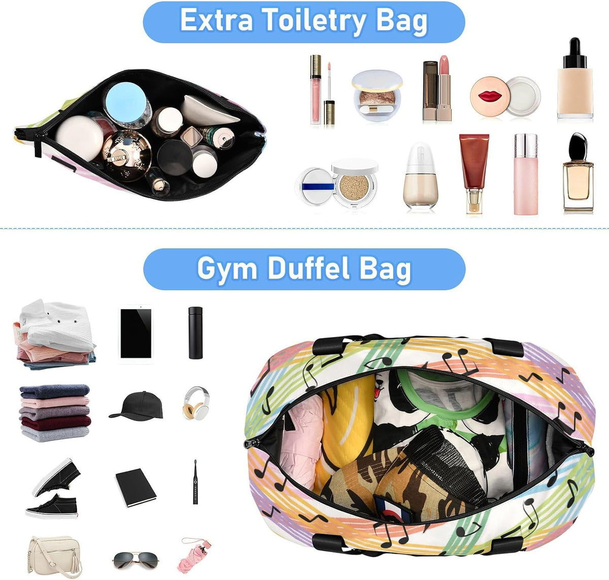 Colorful Cartoon Sheet Music Carry On Personal Item Bag with Wet Pocket Adjustable Strap Gym Carry on Duffel Bags for Hiking 2 Pcs Set for men women