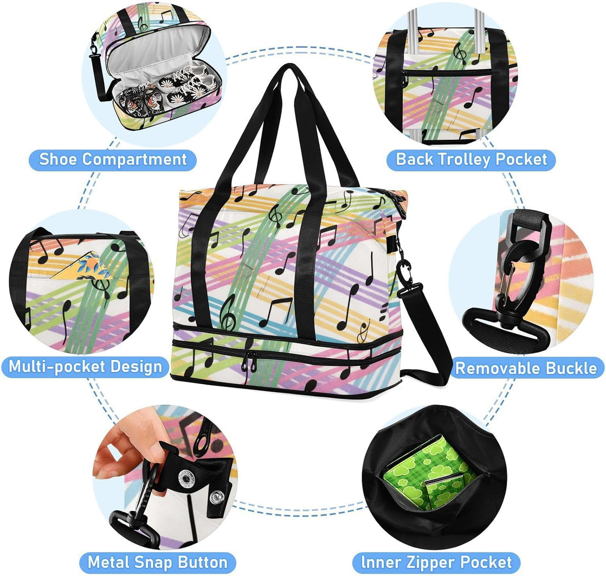 Colorful Cartoon Sheet Music Carry On Personal Item Bag with Wet Pocket Adjustable Strap Gym Carry on Duffel Bags for Hiking 2 Pcs Set for men women