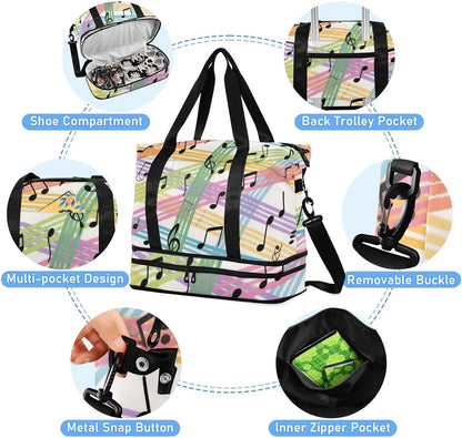 Colorful Cartoon Sheet Music Carry On Personal Item Bag with Wet Pocket Adjustable Strap Gym Carry on Duffel Bags for Hiking 2 Pcs Set for men women