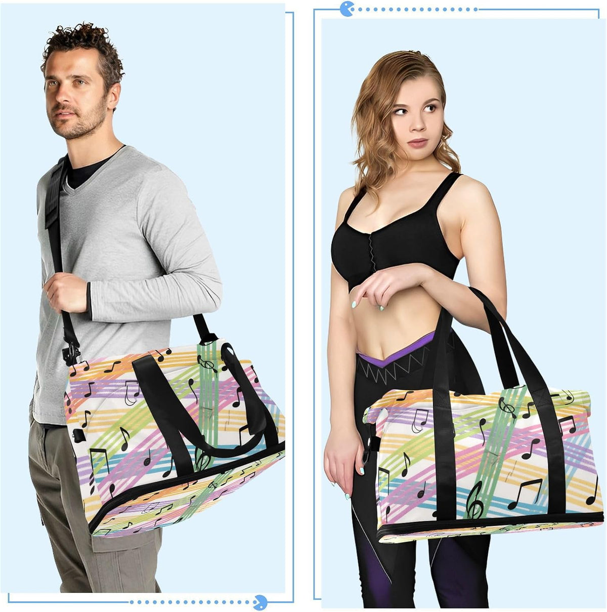 Colorful Cartoon Sheet Music Carry On Personal Item Bag with Wet Pocket Adjustable Strap Gym Carry on Duffel Bags for Hiking 2 Pcs Set for men women