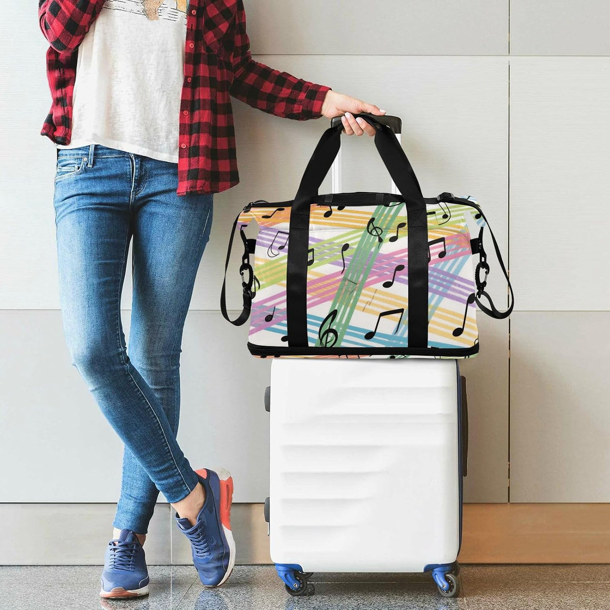 Colorful Cartoon Sheet Music Carry On Personal Item Bag with Wet Pocket Adjustable Strap Gym Carry on Duffel Bags for Hiking 2 Pcs Set for men women