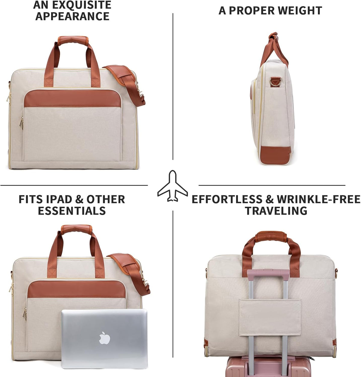 Garment Travel Bag for Women Carry on Garment Bag Up to 3 Suits for Business Trips,2 in 1 Hanging Suitcase Luggage Bags for Travel,Foldable Suit Bag 15.6Inch Laptop Beige