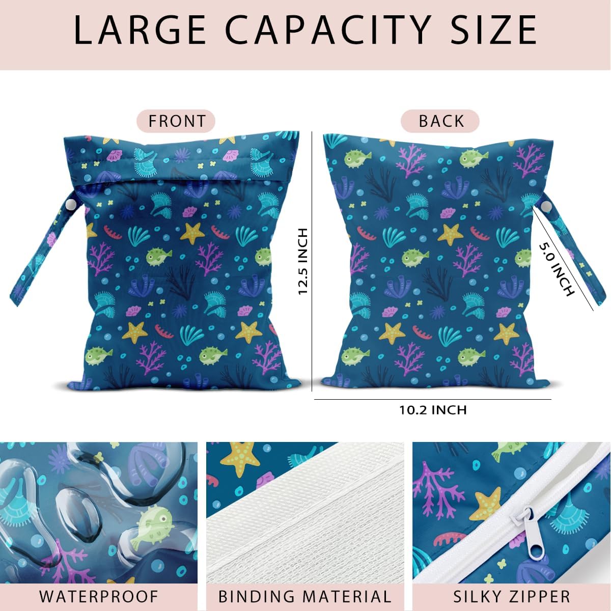 Swimsuit Bag Wet Bags for Travel Reusable Waterproof Dry Bags Diaper Bag Blue Starfish Wet Bag for Swimsuit Towels Beach Gym 10.2×12.6 Inches