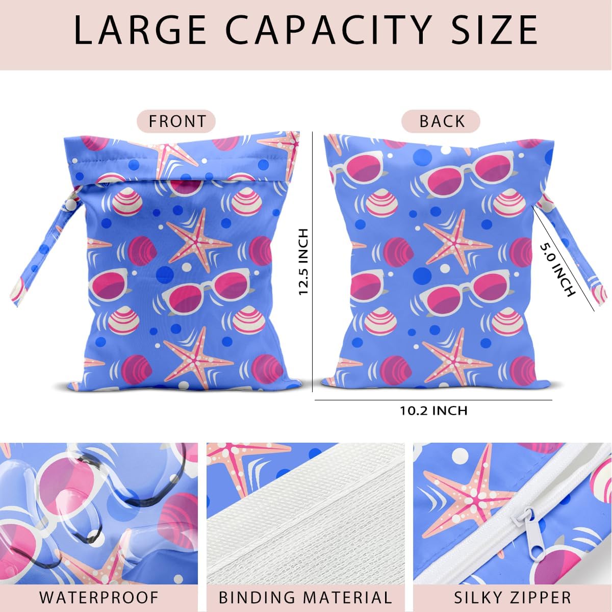 Swimsuit Bag Wet Bags for Travel Reusable Waterproof Dry Bags Diaper Bag Blue Starfish Wet Bag for Swimsuit Towels Beach Gym 10.2×12.6 Inches