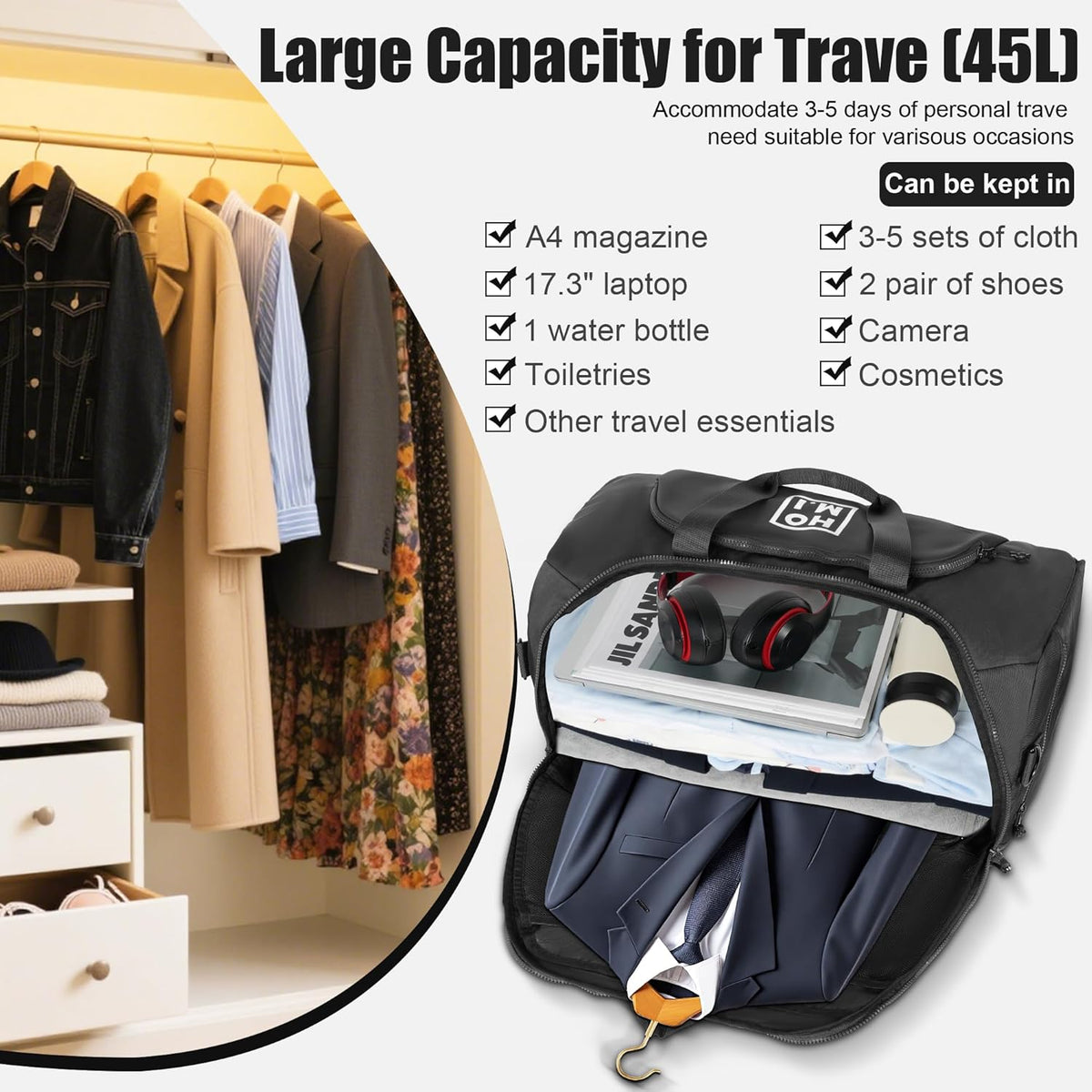 Garment Bag for Travel - Wrinkle-Resistant Carry On Suit Bag with Shoe Compartment & Shoulder Strap, Convertible 2-in-1 Waterproof Duffel Bags for Business Trips/Weekend Getaway, Black