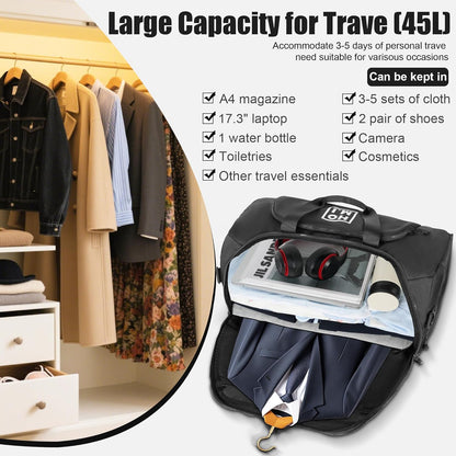 Garment Bag for Travel - Wrinkle-Resistant Carry On Suit Bag with Shoe Compartment & Shoulder Strap, Convertible 2-in-1 Waterproof Duffel Bags for Business Trips/Weekend Getaway, Black