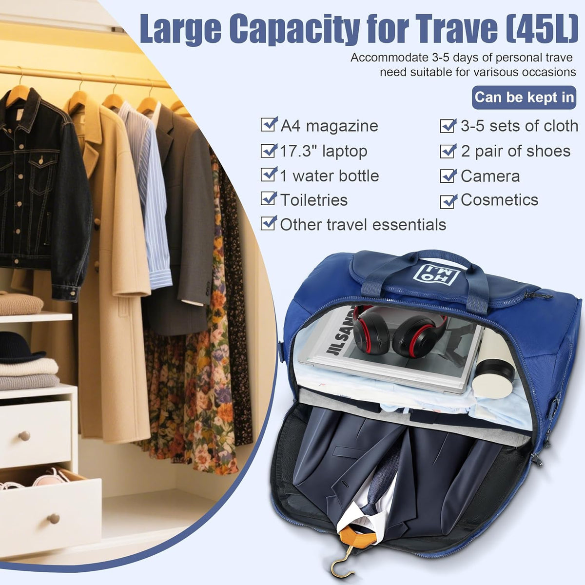 Garment Bag for Travel - Wrinkle-Resistant Carry On Suit Bag with Shoe Compartment & Shoulder Strap, Convertible 2-in-1 Waterproof Duffel Bags for Business Trips/Weekend Getaway, Black