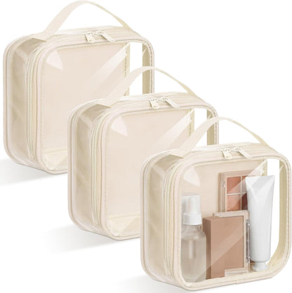 3 Pcs Small Toiletry Bags Reusable Quart Size Travel Liquid Pouch Single-sided Clear PVC Carry-on Organizer with Handle Cosmetic Bags for Airport Security Women Men(Beige)