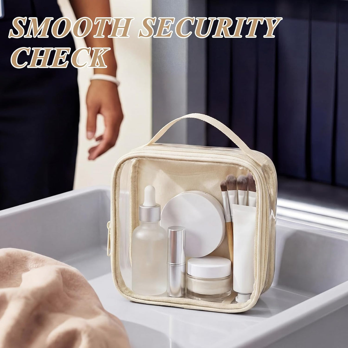 3 Pcs Small Toiletry Bags Reusable Quart Size Travel Liquid Pouch Single-sided Clear PVC Carry-on Organizer with Handle Cosmetic Bags for Airport Security Women Men(Beige)
