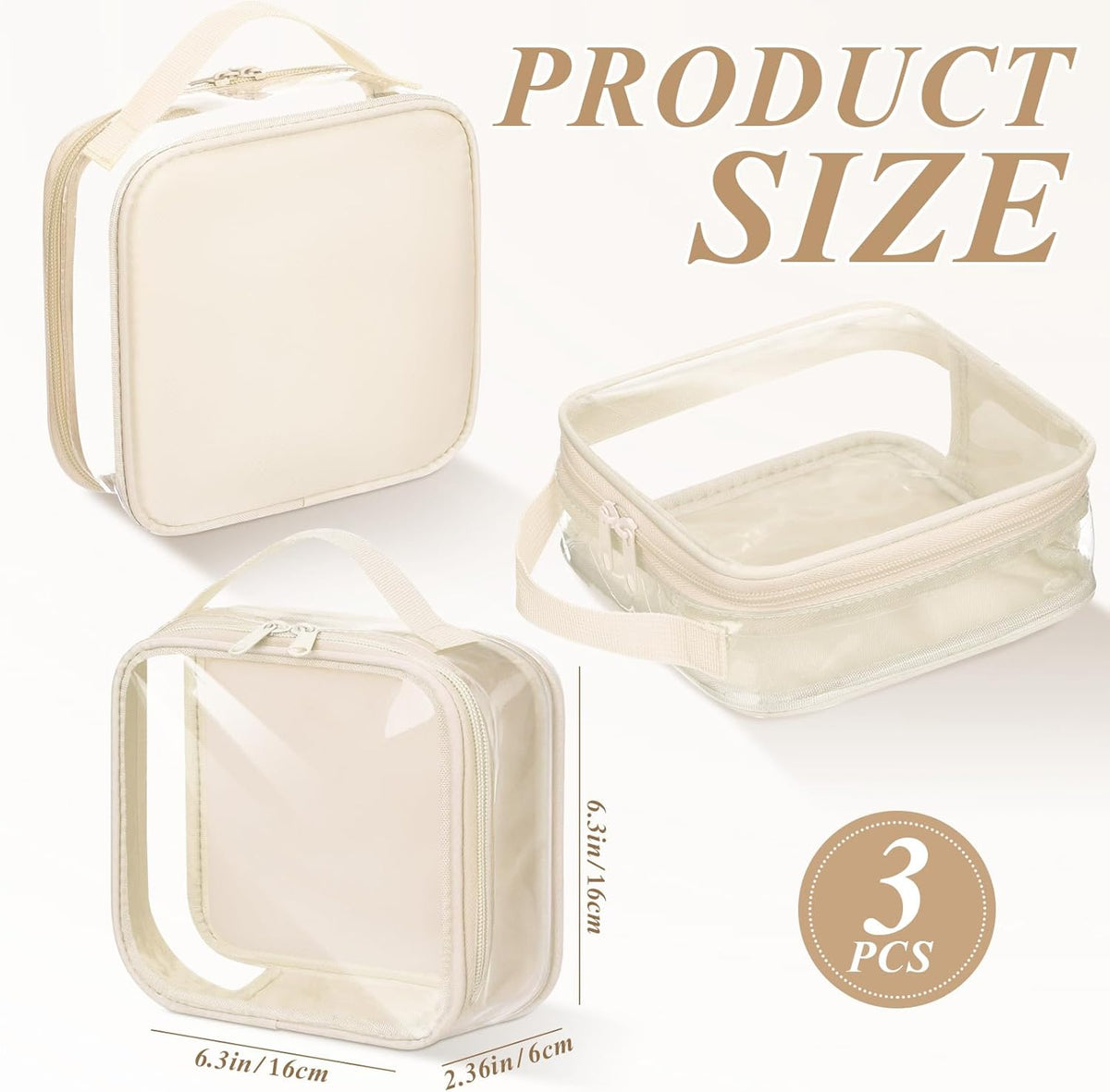 3 Pcs Small Toiletry Bags Reusable Quart Size Travel Liquid Pouch Single-sided Clear PVC Carry-on Organizer with Handle Cosmetic Bags for Airport Security Women Men(Beige)