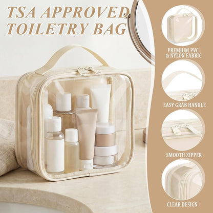 3 Pcs Small Toiletry Bags Reusable Quart Size Travel Liquid Pouch Single-sided Clear PVC Carry-on Organizer with Handle Cosmetic Bags for Airport Security Women Men(Beige)