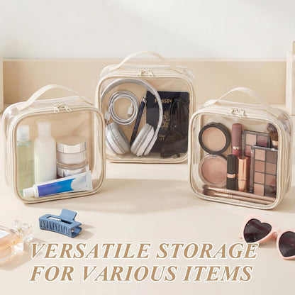 3 Pcs Small Toiletry Bags Reusable Quart Size Travel Liquid Pouch Single-sided Clear PVC Carry-on Organizer with Handle Cosmetic Bags for Airport Security Women Men(Beige)