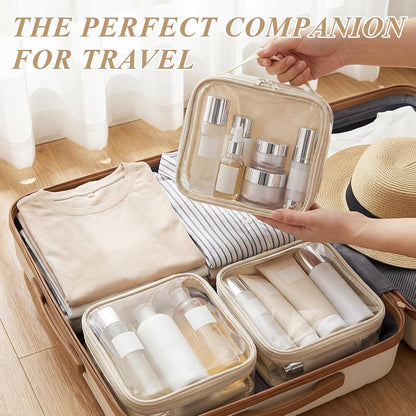3 Pcs Small Toiletry Bags Reusable Quart Size Travel Liquid Pouch Single-sided Clear PVC Carry-on Organizer with Handle Cosmetic Bags for Airport Security Women Men(Beige)