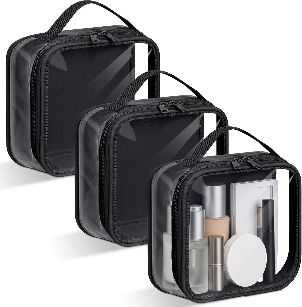 3 Pcs Small Toiletry Bags Reusable Quart Size Travel Liquid Pouch Single-sided Clear PVC Carry-on Organizer with Handle Cosmetic Bags for Airport Security Women Men(Beige)