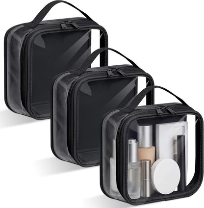 3 Pcs Small Toiletry Bags Reusable Quart Size Travel Liquid Pouch Single-sided Clear PVC Carry-on Organizer with Handle Cosmetic Bags for Airport Security Women Men(Beige)