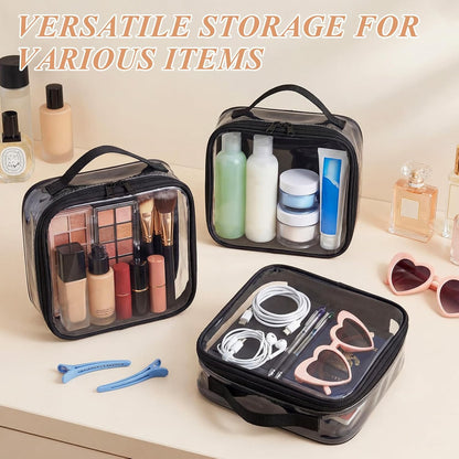 3 Pcs Small Toiletry Bags Reusable Quart Size Travel Liquid Pouch Single-sided Clear PVC Carry-on Organizer with Handle Cosmetic Bags for Airport Security Women Men(Beige)