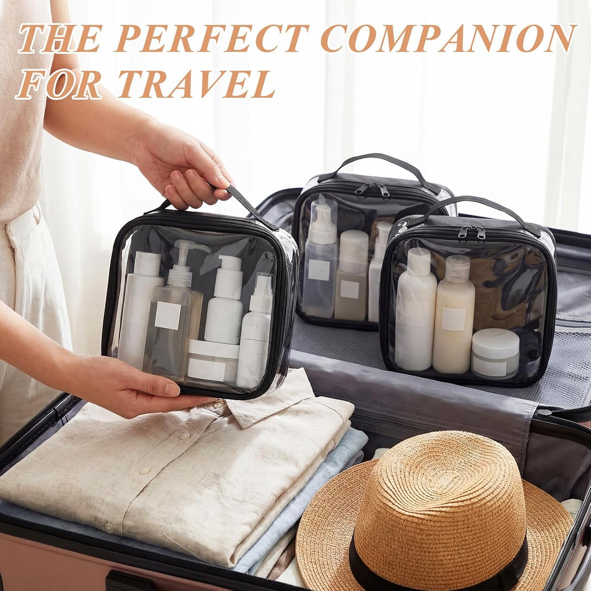 3 Pcs Small Toiletry Bags Reusable Quart Size Travel Liquid Pouch Single-sided Clear PVC Carry-on Organizer with Handle Cosmetic Bags for Airport Security Women Men(Beige)