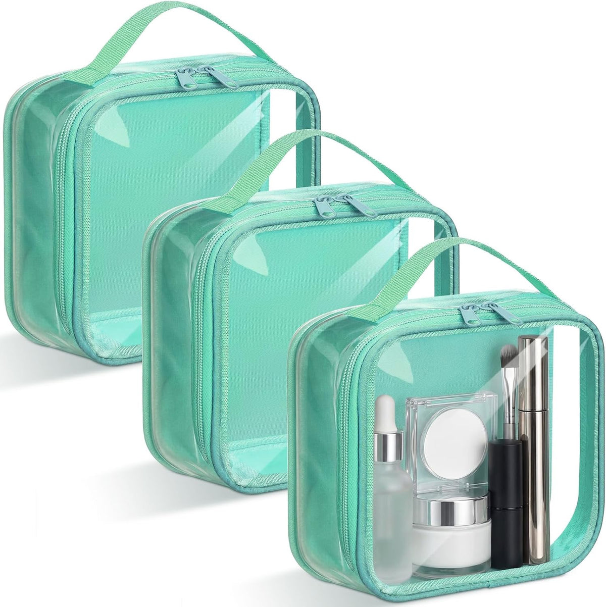 3 Pcs Small Toiletry Bags Reusable Quart Size Travel Liquid Pouch Single-sided Clear PVC Carry-on Organizer with Handle Cosmetic Bags for Airport Security Women Men(Beige)