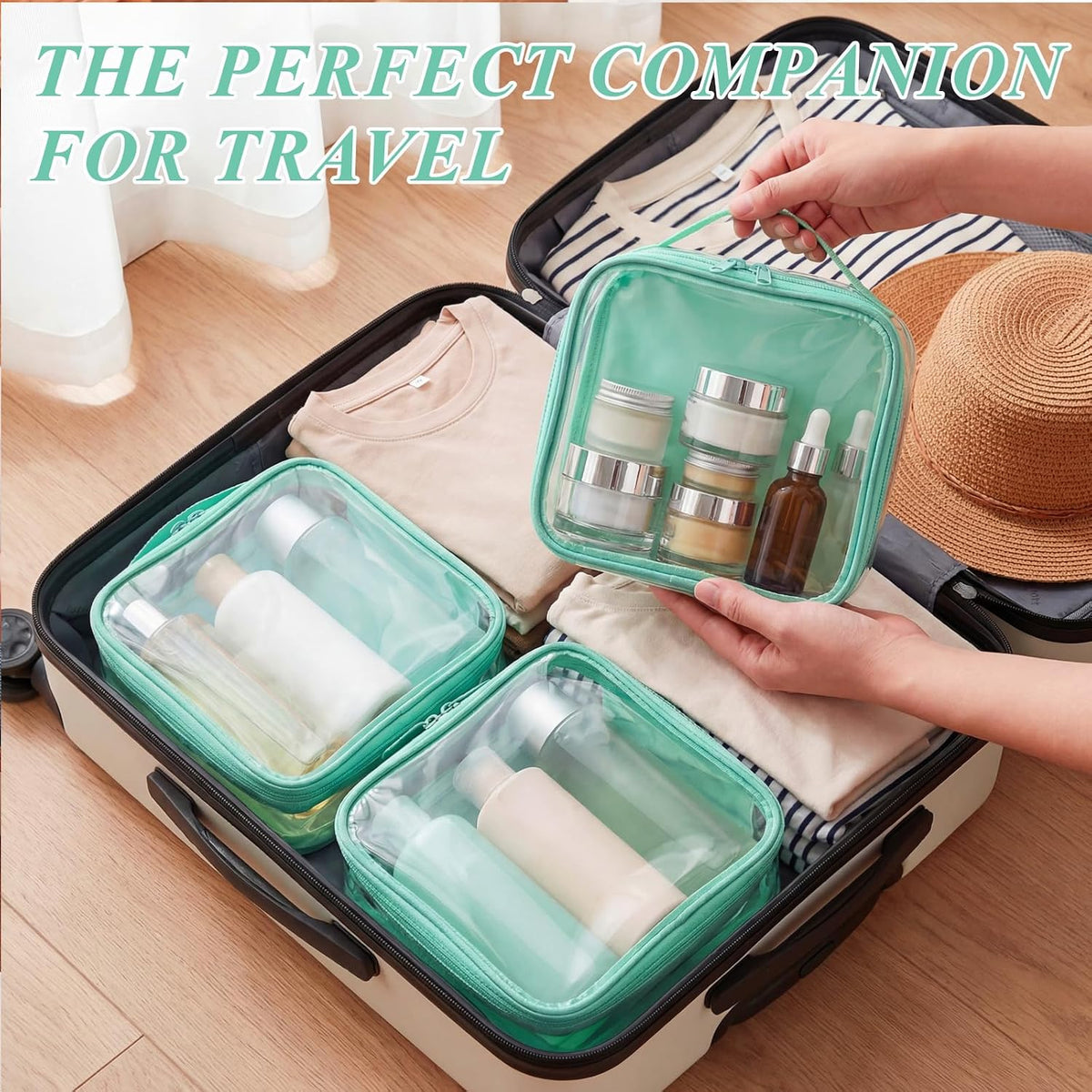 3 Pcs Small Toiletry Bags Reusable Quart Size Travel Liquid Pouch Single-sided Clear PVC Carry-on Organizer with Handle Cosmetic Bags for Airport Security Women Men(Beige)