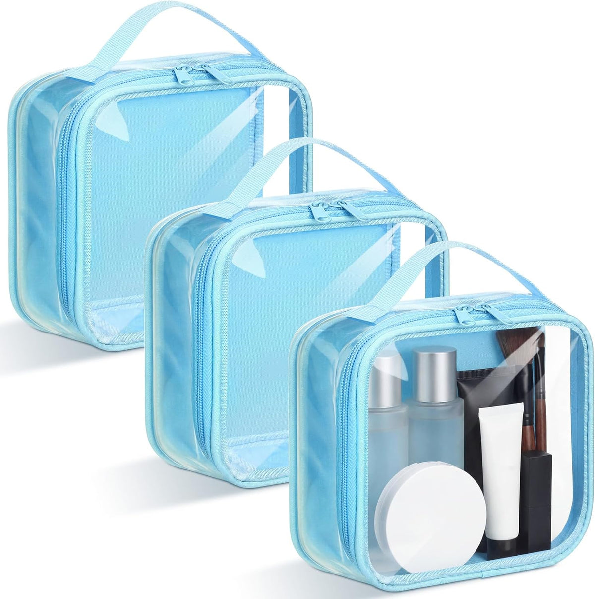 3 Pcs Small Toiletry Bags Reusable Quart Size Travel Liquid Pouch Single-sided Clear PVC Carry-on Organizer with Handle Cosmetic Bags for Airport Security Women Men(Beige)