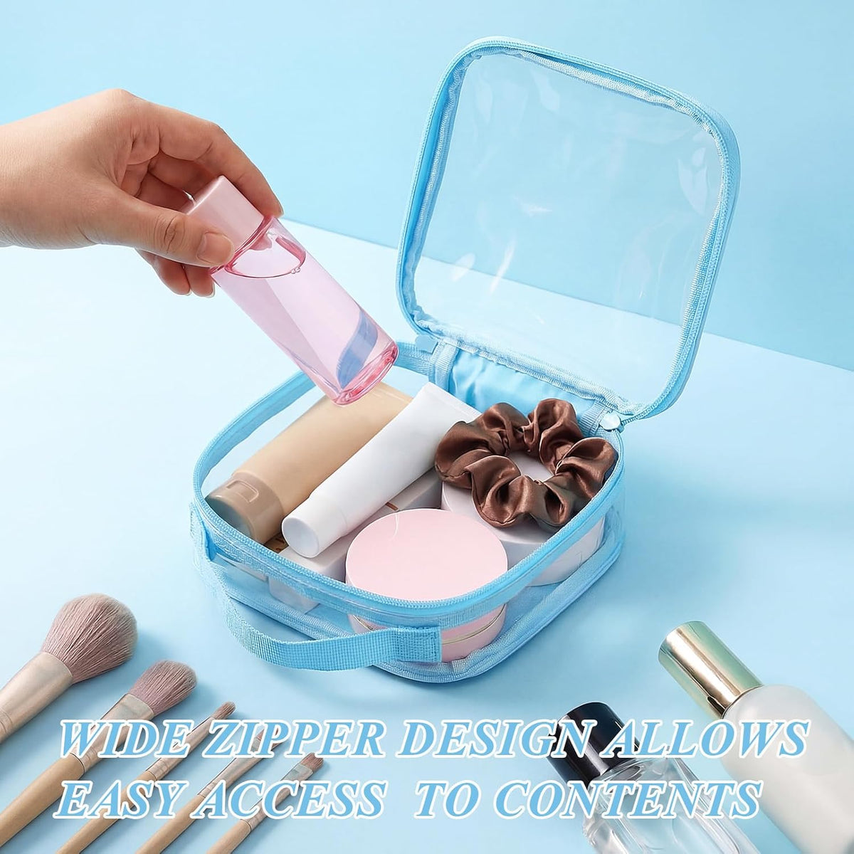 3 Pcs Small Toiletry Bags Reusable Quart Size Travel Liquid Pouch Single-sided Clear PVC Carry-on Organizer with Handle Cosmetic Bags for Airport Security Women Men(Beige)