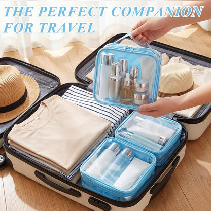 3 Pcs Small Toiletry Bags Reusable Quart Size Travel Liquid Pouch Single-sided Clear PVC Carry-on Organizer with Handle Cosmetic Bags for Airport Security Women Men(Beige)