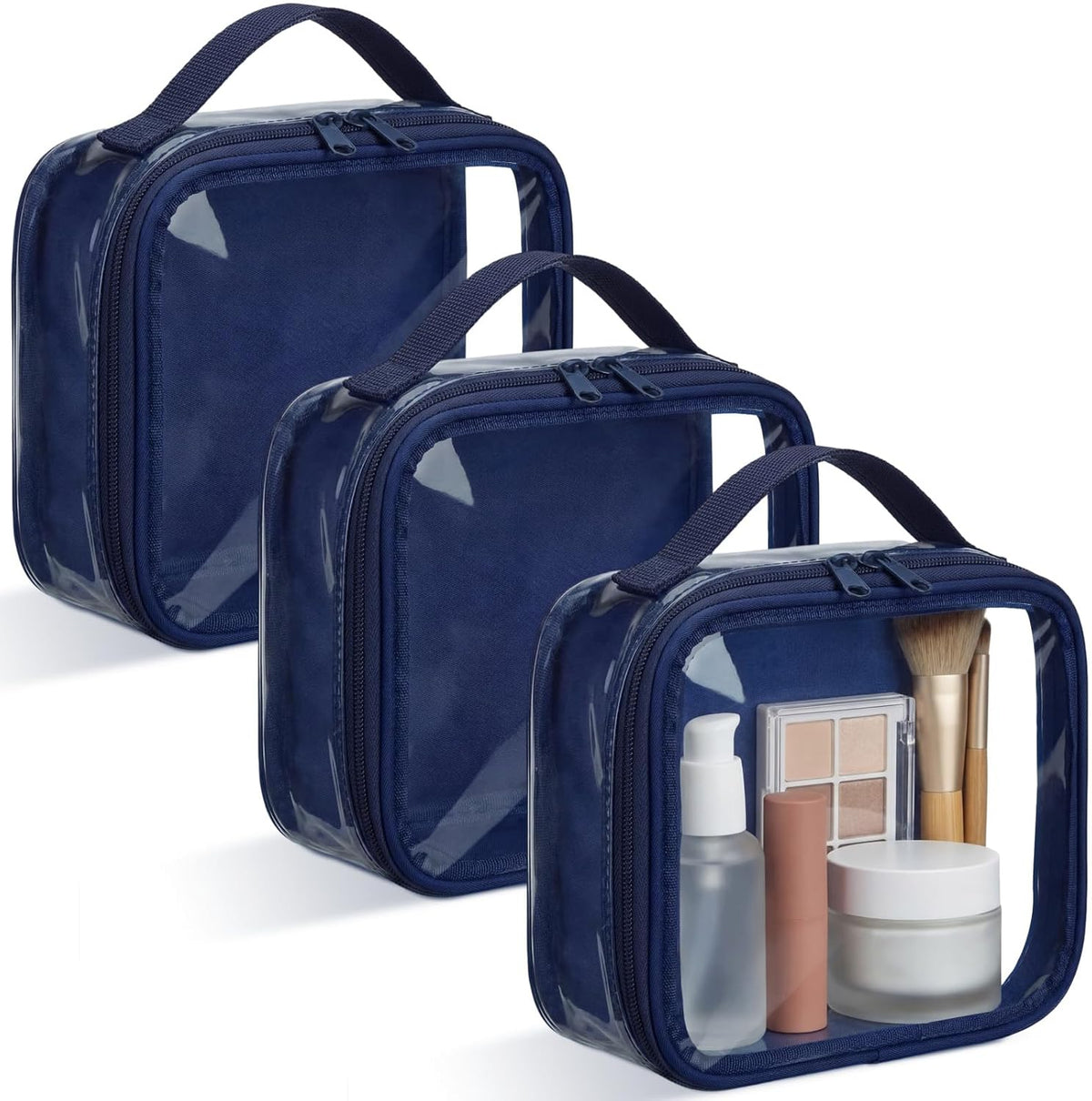 3 Pcs Small Toiletry Bags Reusable Quart Size Travel Liquid Pouch Single-sided Clear PVC Carry-on Organizer with Handle Cosmetic Bags for Airport Security Women Men(Beige)