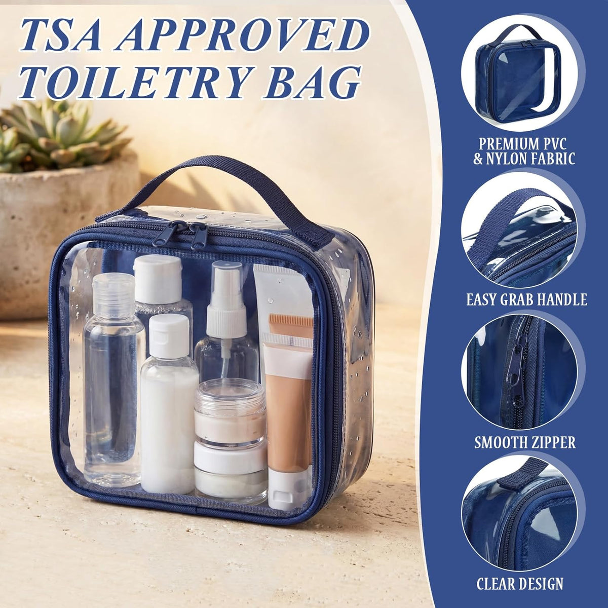 3 Pcs Small Toiletry Bags Reusable Quart Size Travel Liquid Pouch Single-sided Clear PVC Carry-on Organizer with Handle Cosmetic Bags for Airport Security Women Men(Beige)
