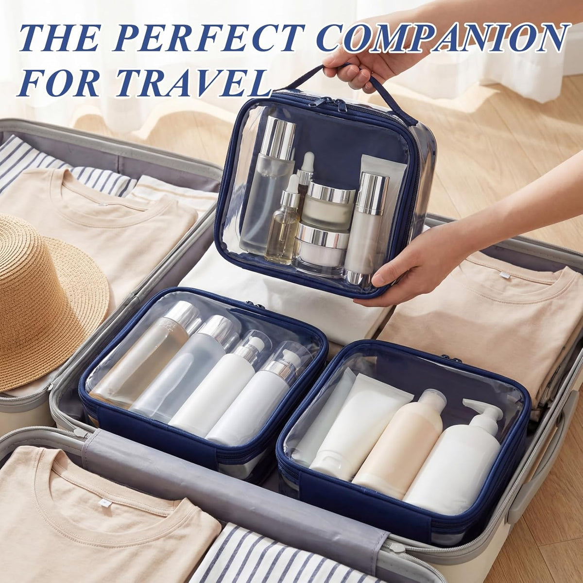 3 Pcs Small Toiletry Bags Reusable Quart Size Travel Liquid Pouch Single-sided Clear PVC Carry-on Organizer with Handle Cosmetic Bags for Airport Security Women Men(Beige)