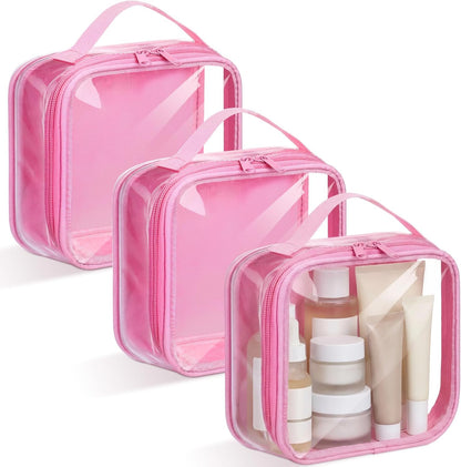 3 Pcs Small Toiletry Bags Reusable Quart Size Travel Liquid Pouch Single-sided Clear PVC Carry-on Organizer with Handle Cosmetic Bags for Airport Security Women Men(Beige)