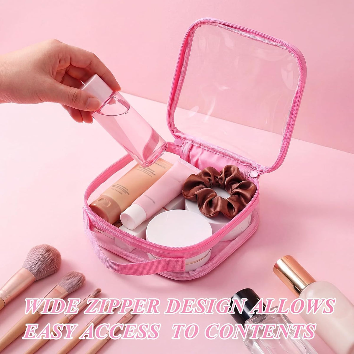 3 Pcs Small Toiletry Bags Reusable Quart Size Travel Liquid Pouch Single-sided Clear PVC Carry-on Organizer with Handle Cosmetic Bags for Airport Security Women Men(Beige)