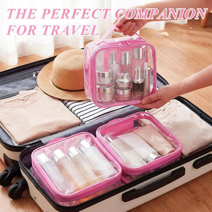 3 Pcs Small Toiletry Bags Reusable Quart Size Travel Liquid Pouch Single-sided Clear PVC Carry-on Organizer with Handle Cosmetic Bags for Airport Security Women Men(Beige)
