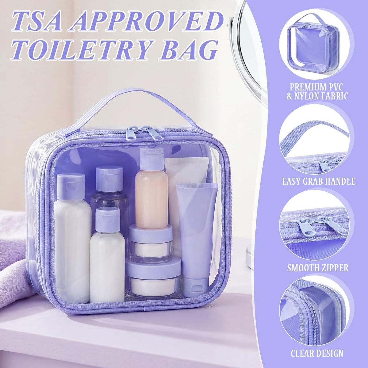 3 Pcs Small Toiletry Bags Reusable Quart Size Travel Liquid Pouch Single-sided Clear PVC Carry-on Organizer with Handle Cosmetic Bags for Airport Security Women Men(Beige)