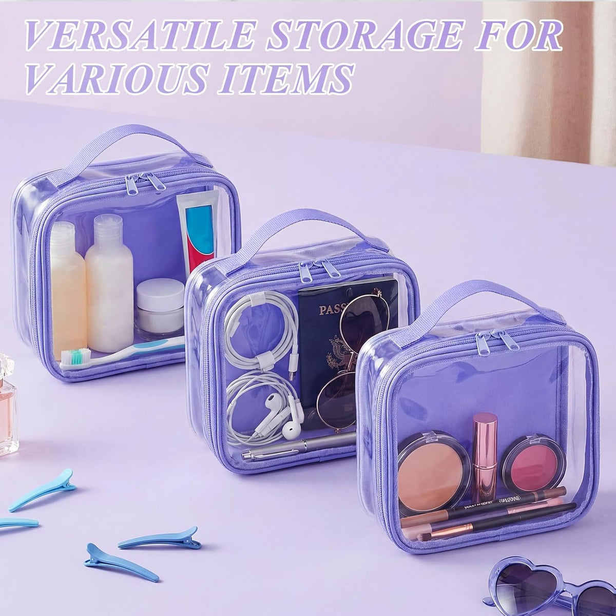 3 Pcs Small Toiletry Bags Reusable Quart Size Travel Liquid Pouch Single-sided Clear PVC Carry-on Organizer with Handle Cosmetic Bags for Airport Security Women Men(Beige)