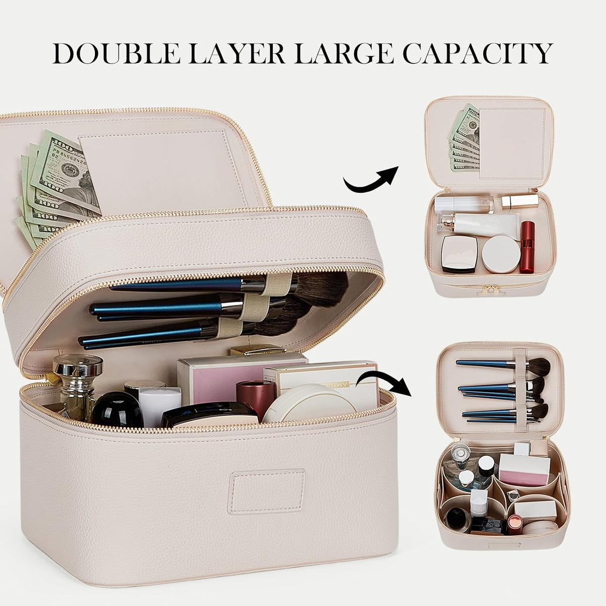 Large Makeup Bag Duo Vanity Case for Women Leather Makeup Case Travel Toiletry Bag Portable Double Layer Cosmetic Bag