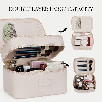 Large Makeup Bag Duo Vanity Case for Women Leather Makeup Case Travel Toiletry Bag Portable Double Layer Cosmetic Bag