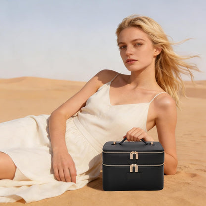 Large Makeup Bag Duo Vanity Case for Women Leather Makeup Case Travel Toiletry Bag Portable Double Layer Cosmetic Bag