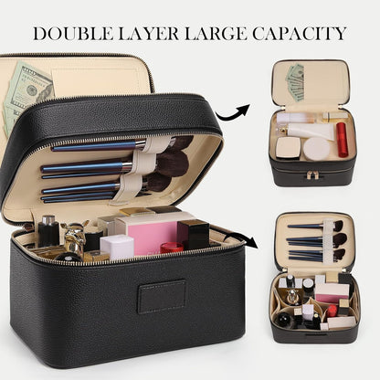 Large Makeup Bag Duo Vanity Case for Women Leather Makeup Case Travel Toiletry Bag Portable Double Layer Cosmetic Bag
